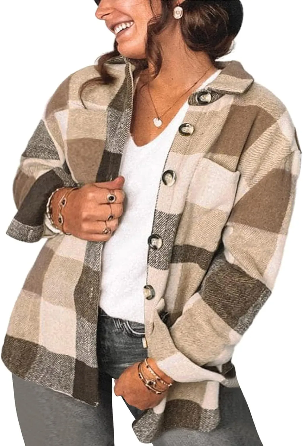 Eytino Womens Plus Size Jacket Casual Long Sleeve Button Up Flannel Plaid Shacket Coats with Pockets(1X-5X)