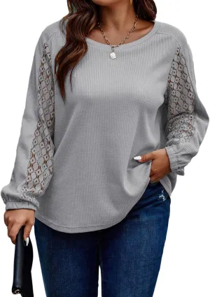 Eytino Womens Plus Size Tops Lace Long Sleeve Waffle T Shirts Casual Crewneck Tunic Tops(1X-5X)