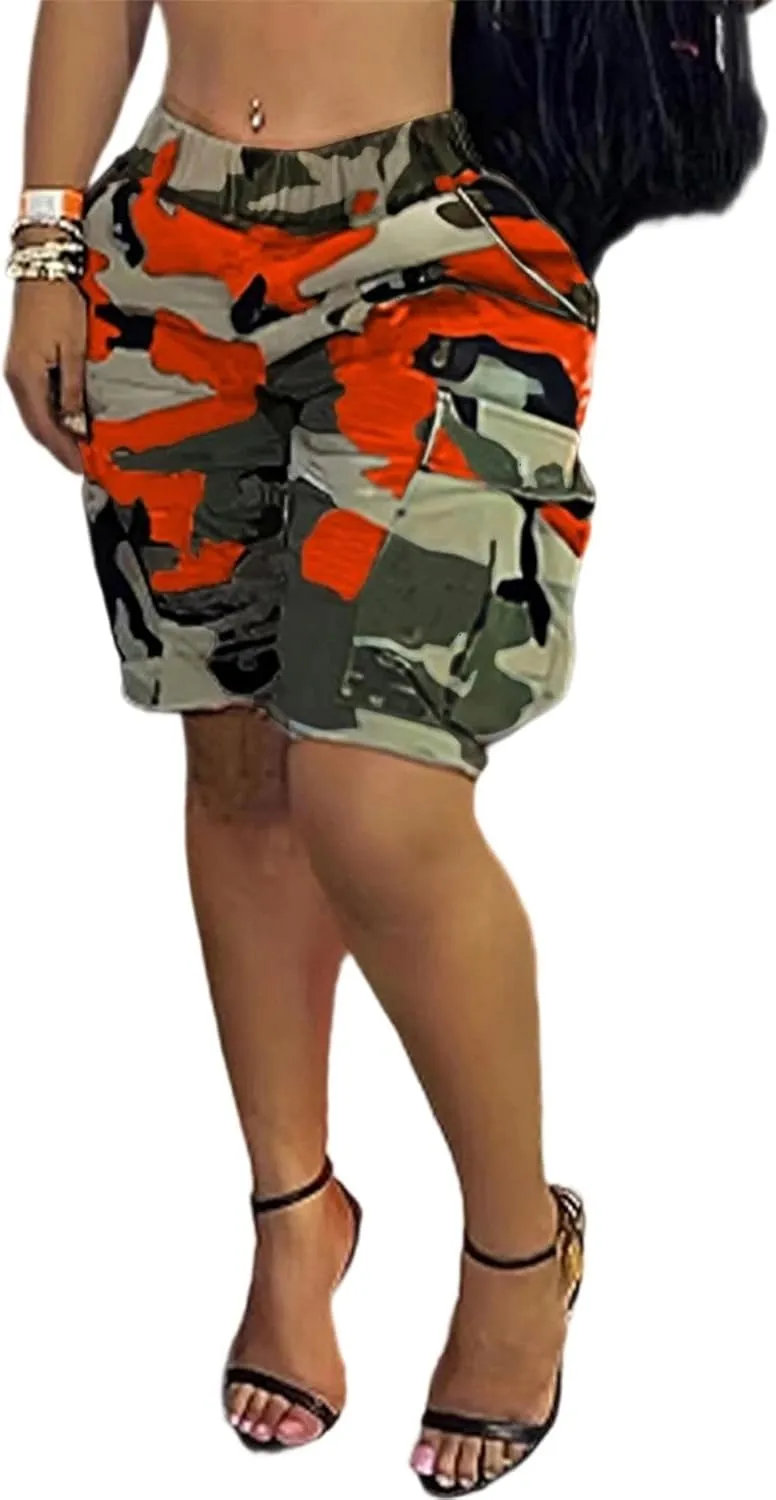 Famnbro Women Camo Shorts Slim Fit Camouflage Cargo Shorts Casual Army Fatigue Shorts with Pockets