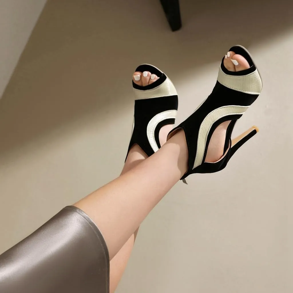 Fashion Peep Toe Stilettos Heeled Sandals For Womens Sexy Two Toned High Heels Pump Dressy Ankle Booties