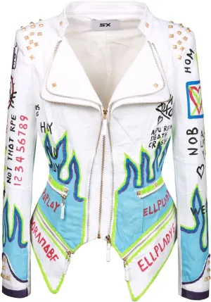 Fashion SX Women's hand-painted pattern fashion studs perfect shaping bicycle jacket motorcycle denim zipper jacket