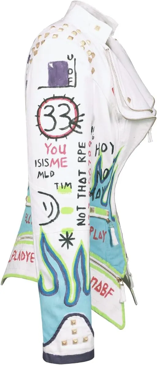 Fashion SX Women's hand-painted pattern fashion studs perfect shaping bicycle jacket motorcycle denim zipper jacket