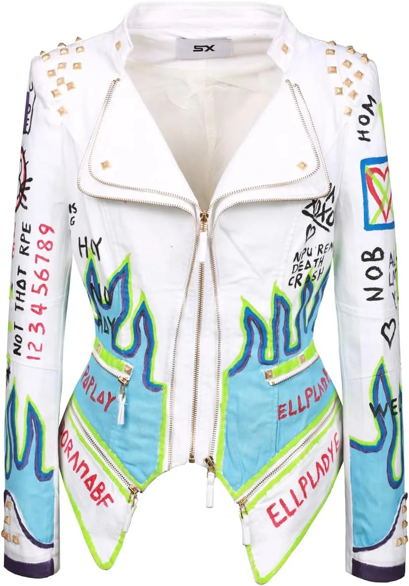 Fashion SX Women's hand-painted pattern fashion studs perfect shaping bicycle jacket motorcycle denim zipper jacket