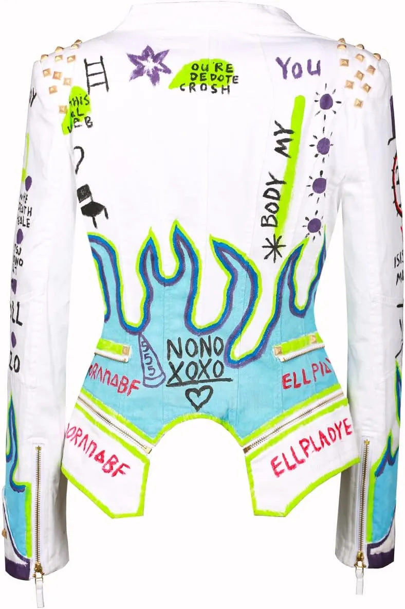 Fashion SX Women's hand-painted pattern fashion studs perfect shaping bicycle jacket motorcycle denim zipper jacket