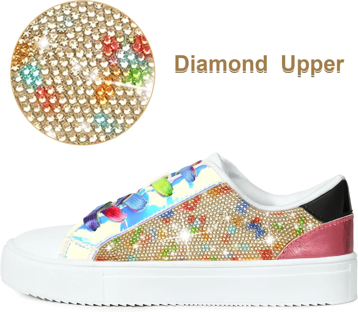 festooning Girls Sneakers Sparkle Glitter Low Top Sneakers for Little/Big Kids PU Leather Fashion Casual Sneaker Shoes with Colorful Shoelace