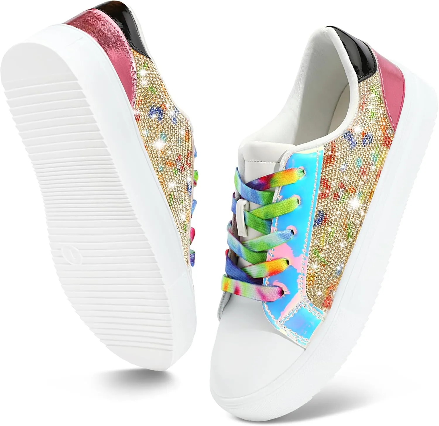 festooning Girls Sneakers Sparkle Glitter Low Top Sneakers for Little/Big Kids PU Leather Fashion Casual Sneaker Shoes with Colorful Shoelace