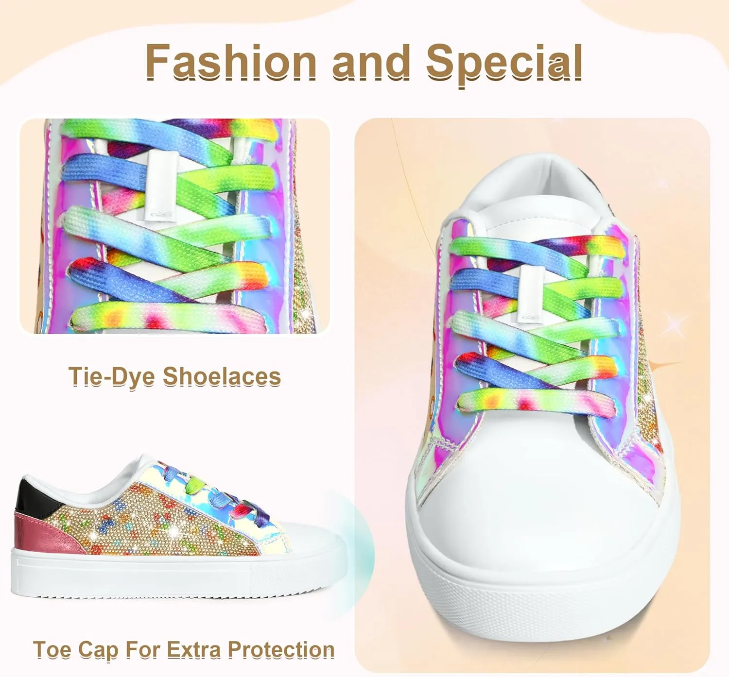 festooning Girls Sneakers Sparkle Glitter Low Top Sneakers for Little/Big Kids PU Leather Fashion Casual Sneaker Shoes with Colorful Shoelace