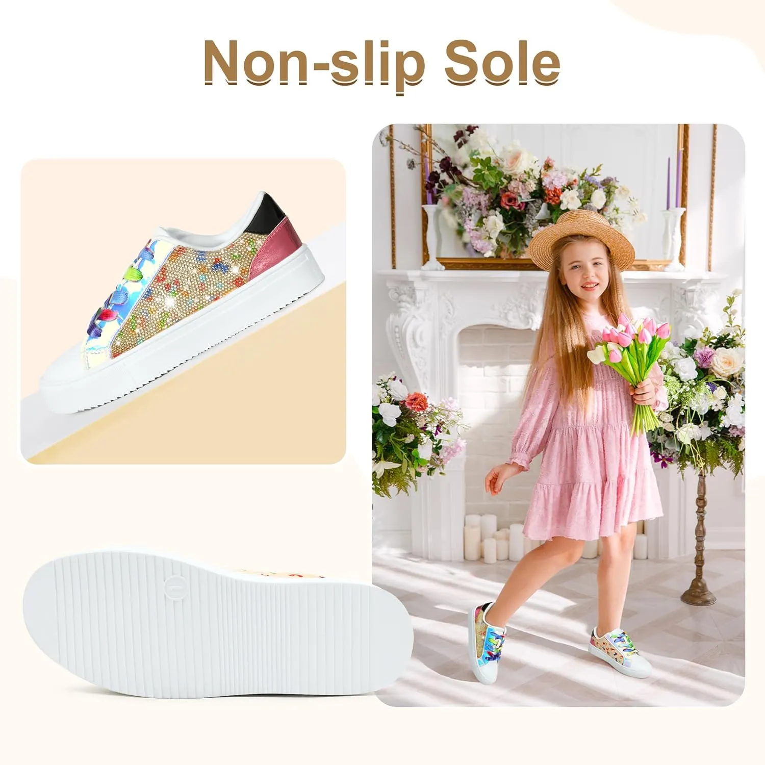 festooning Girls Sneakers Sparkle Glitter Low Top Sneakers for Little/Big Kids PU Leather Fashion Casual Sneaker Shoes with Colorful Shoelace