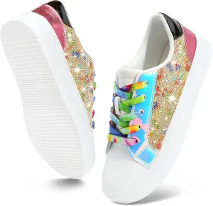 festooning Girls Sneakers Sparkle Glitter Low Top Sneakers for Little/Big Kids PU Leather Fashion Casual Sneaker Shoes with Colorful Shoelace