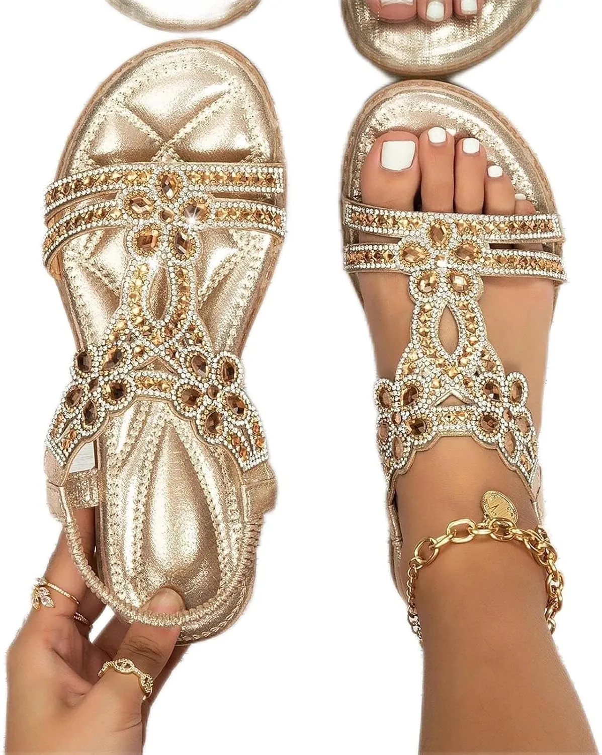 Flat Sandals for Women Dressy,Summer T-Strap Beaded Flower Rhinestone Sandals Comfortable Open Toe Dress Beach Shoes