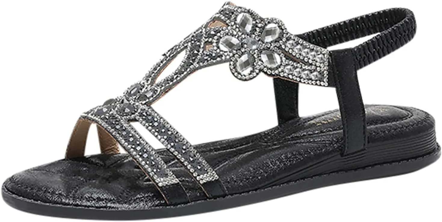 Flat Sandals for Women Dressy,Summer T-Strap Beaded Flower Rhinestone Sandals Comfortable Open Toe Dress Beach Shoes
