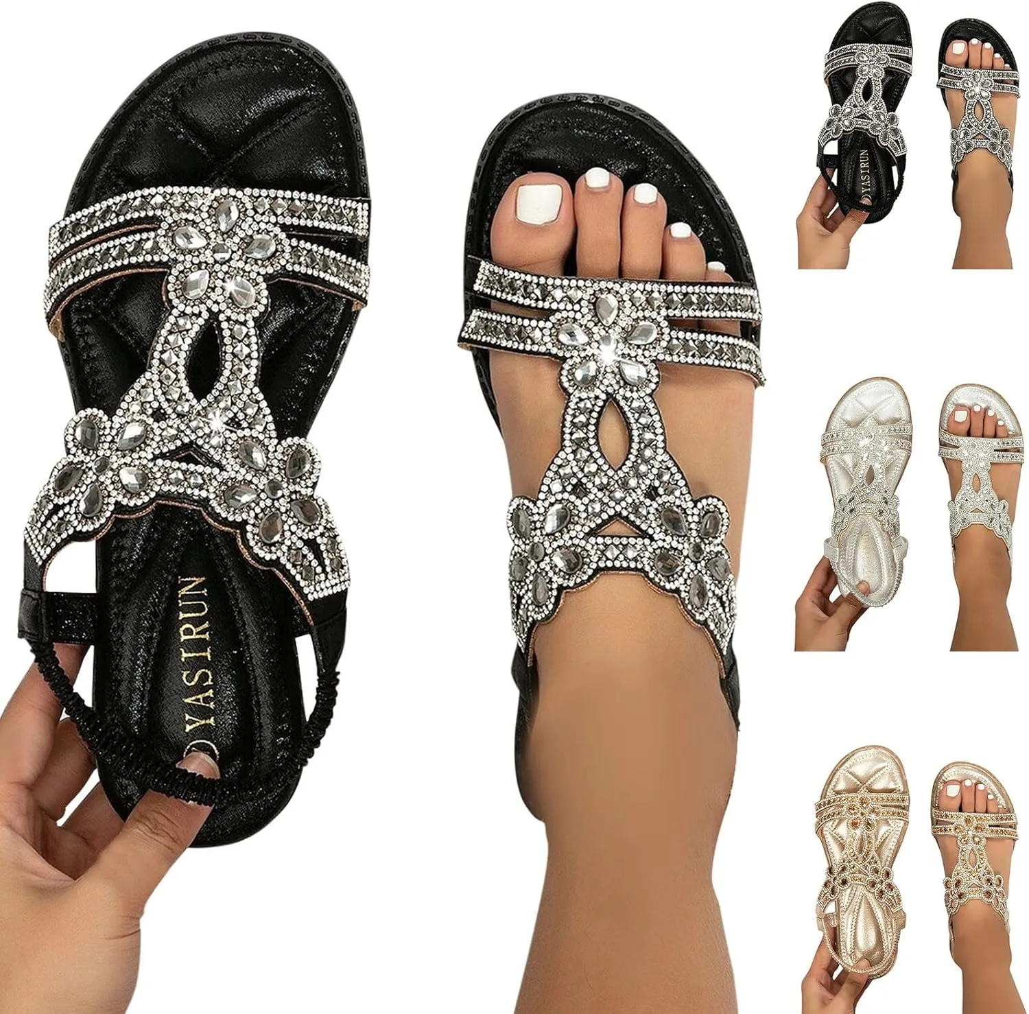 Flat Sandals for Women Dressy,Summer T-Strap Beaded Flower Rhinestone Sandals Comfortable Open Toe Dress Beach Shoes