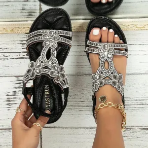 Flat Sandals for Women Dressy,Summer T-Strap Beaded Flower Rhinestone Sandals Comfortable Open Toe Dress Beach Shoes