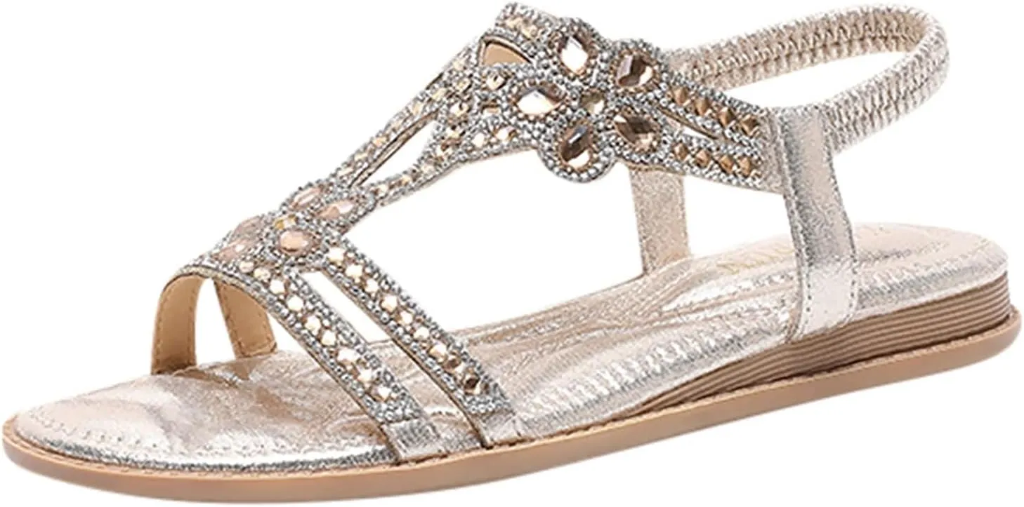 Flat Sandals for Women Dressy,Summer T-Strap Beaded Flower Rhinestone Sandals Comfortable Open Toe Dress Beach Shoes