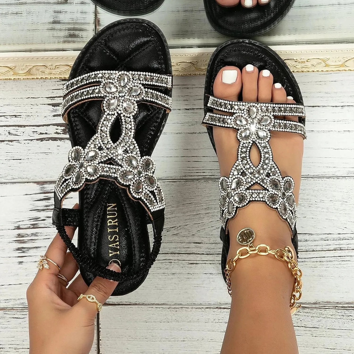 Flat Sandals for Women Dressy,Summer T-Strap Beaded Flower Rhinestone Sandals Comfortable Open Toe Dress Beach Shoes