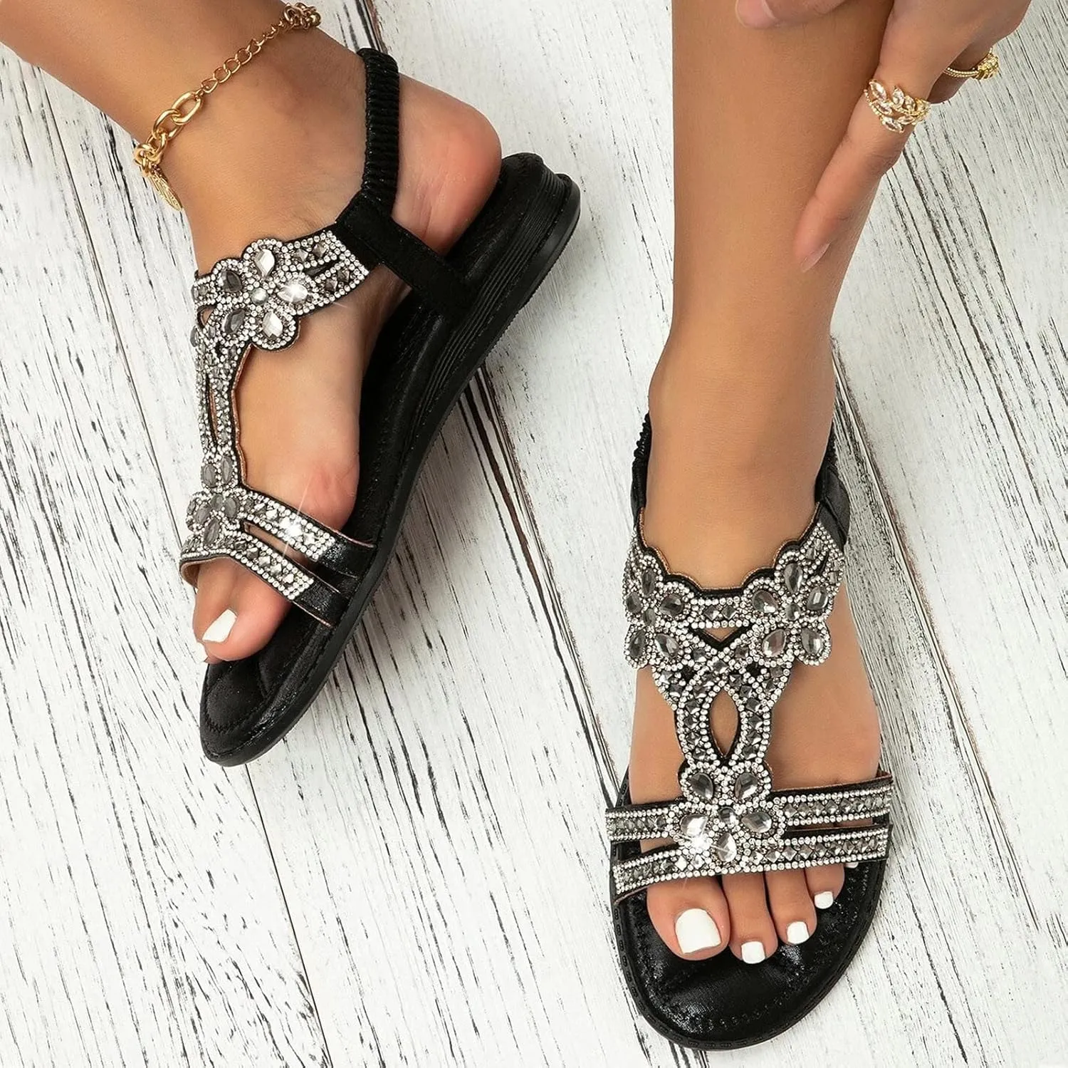 Flat Sandals for Women Dressy,Summer T-Strap Beaded Flower Rhinestone Sandals Comfortable Open Toe Dress Beach Shoes