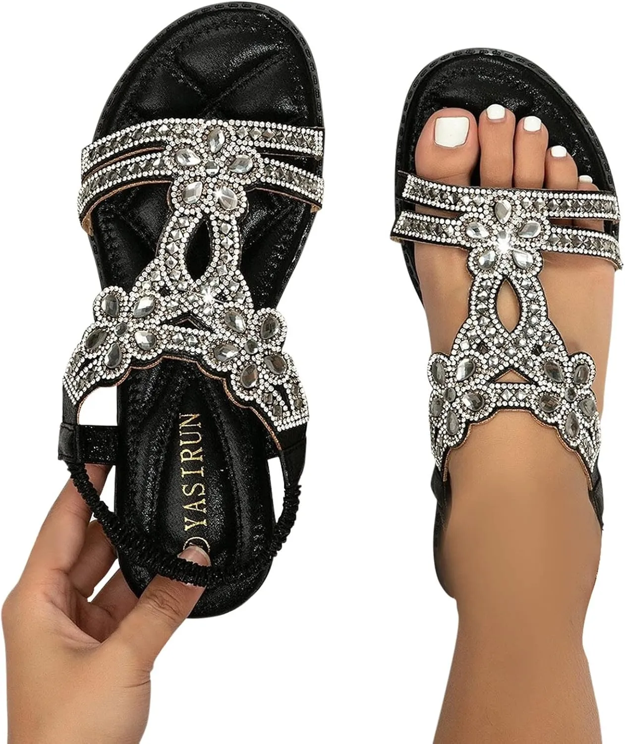 Flat Sandals for Women Dressy,Summer T-Strap Beaded Flower Rhinestone Sandals Comfortable Open Toe Dress Beach Shoes