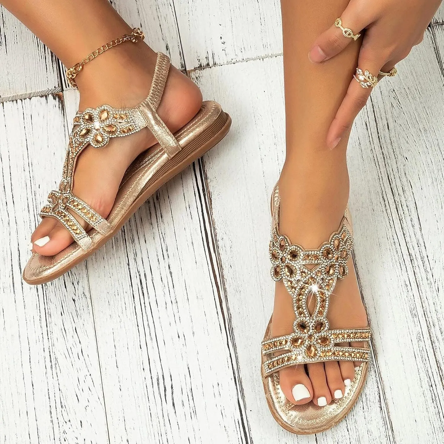 Flat Sandals for Women Dressy,Summer T-Strap Beaded Flower Rhinestone Sandals Comfortable Open Toe Dress Beach Shoes