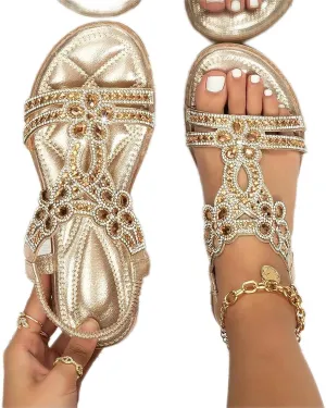 Flat Sandals for Women Dressy,Summer T-Strap Beaded Flower Rhinestone Sandals Comfortable Open Toe Dress Beach Shoes