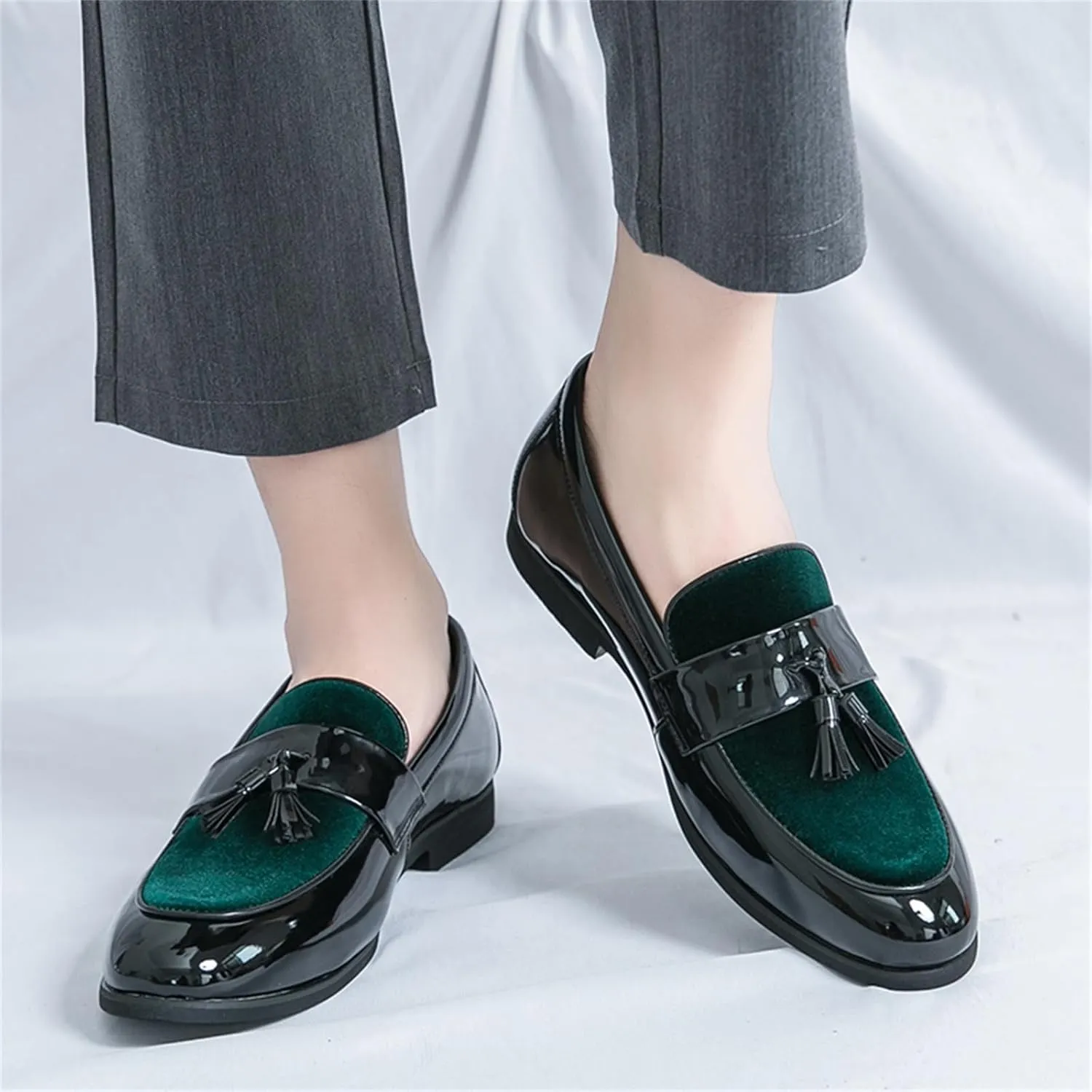 FOTN Mens Patent Leather Slip On Tassels Penny Loafers Luxury Two Tone Suede Dress Smoking Shoes for Business Party Wedding