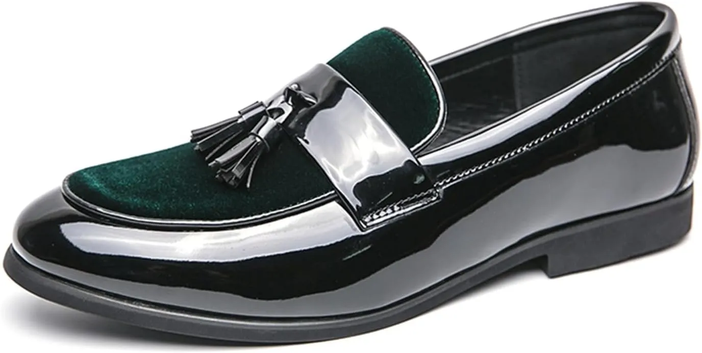 FOTN Mens Patent Leather Slip On Tassels Penny Loafers Luxury Two Tone Suede Dress Smoking Shoes for Business Party Wedding