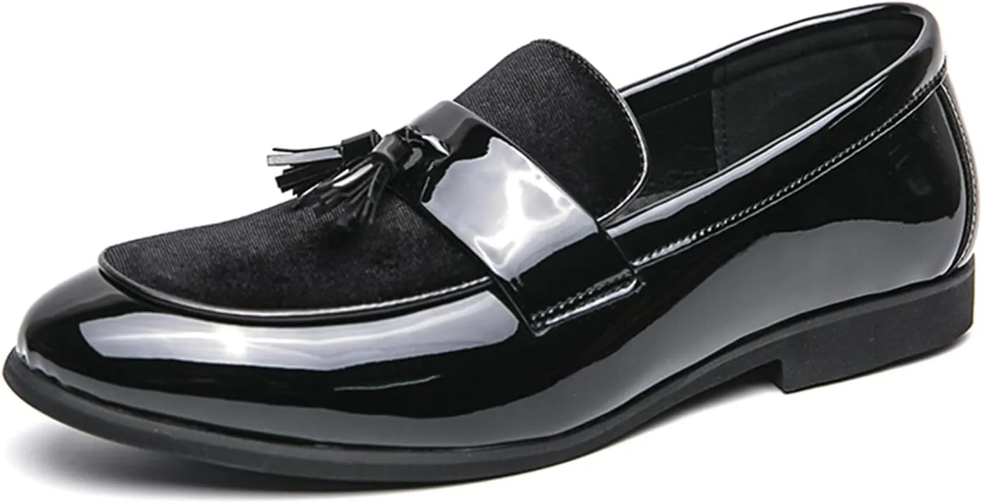 FOTN Mens Patent Leather Slip On Tassels Penny Loafers Luxury Two Tone Suede Dress Smoking Shoes for Business Party Wedding