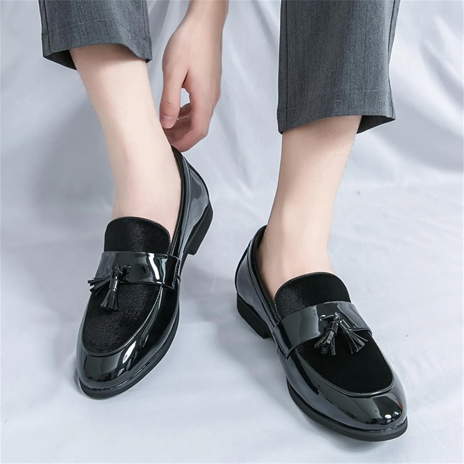 FOTN Mens Patent Leather Slip On Tassels Penny Loafers Luxury Two Tone Suede Dress Smoking Shoes for Business Party Wedding
