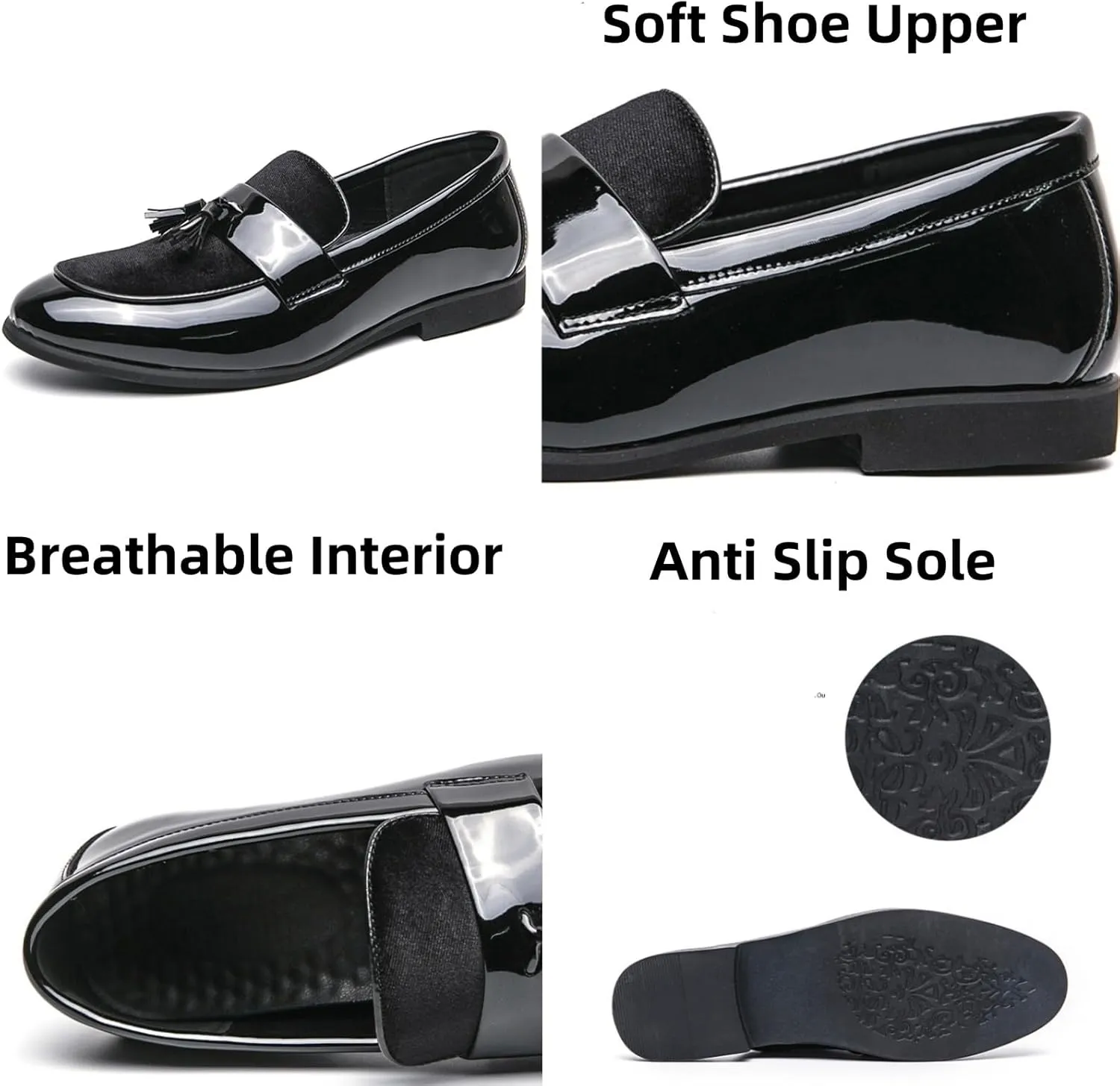 FOTN Mens Patent Leather Slip On Tassels Penny Loafers Luxury Two Tone Suede Dress Smoking Shoes for Business Party Wedding