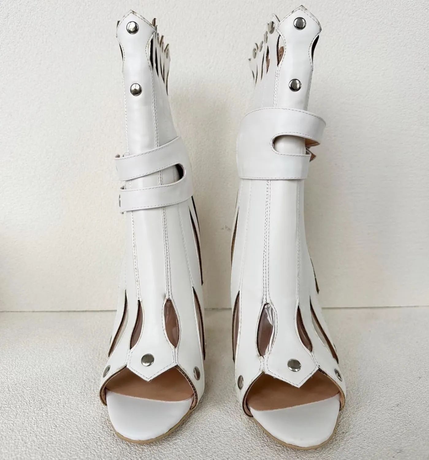 Frankie Hsu Sexy Unisex Gladiator Stiletto Calf Ankle High Heeled Sandals, White PVC Silver Rivets Cheerleader Fashion Bootie Style, Big Large Size Punk Shoes For Women Men