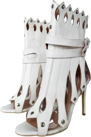 Frankie Hsu Sexy Unisex Gladiator Stiletto Calf Ankle High Heeled Sandals, White PVC Silver Rivets Cheerleader Fashion Bootie Style, Big Large Size Punk Shoes For Women Men