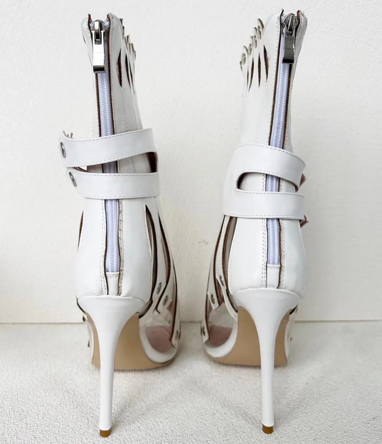 Frankie Hsu Sexy Unisex Gladiator Stiletto Calf Ankle High Heeled Sandals, White PVC Silver Rivets Cheerleader Fashion Bootie Style, Big Large Size Punk Shoes For Women Men