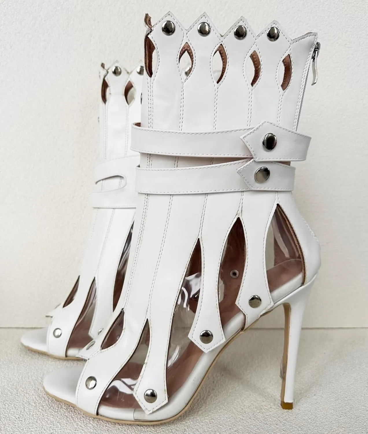 Frankie Hsu Sexy Unisex Gladiator Stiletto Calf Ankle High Heeled Sandals, White PVC Silver Rivets Cheerleader Fashion Bootie Style, Big Large Size Punk Shoes For Women Men
