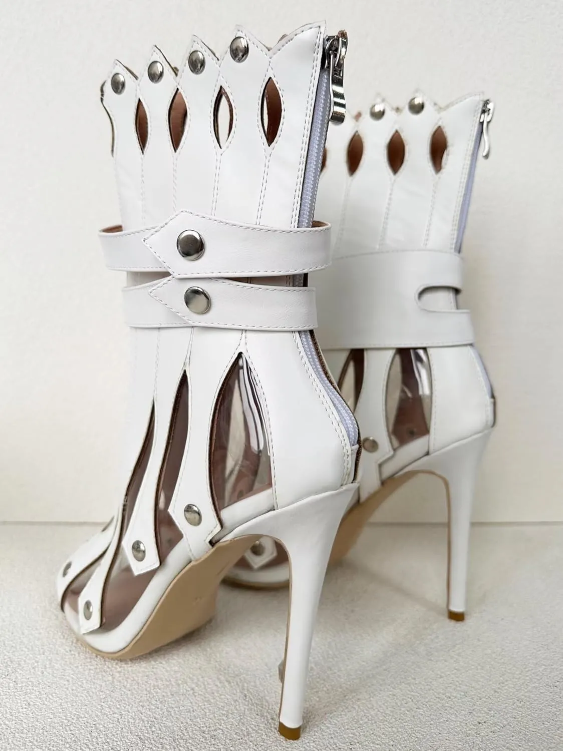 Frankie Hsu Sexy Unisex Gladiator Stiletto Calf Ankle High Heeled Sandals, White PVC Silver Rivets Cheerleader Fashion Bootie Style, Big Large Size Punk Shoes For Women Men