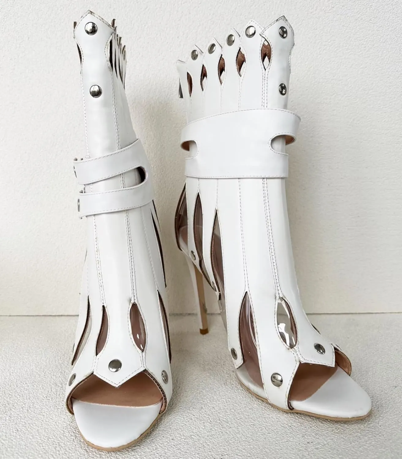 Frankie Hsu Sexy Unisex Gladiator Stiletto Calf Ankle High Heeled Sandals, White PVC Silver Rivets Cheerleader Fashion Bootie Style, Big Large Size Punk Shoes For Women Men