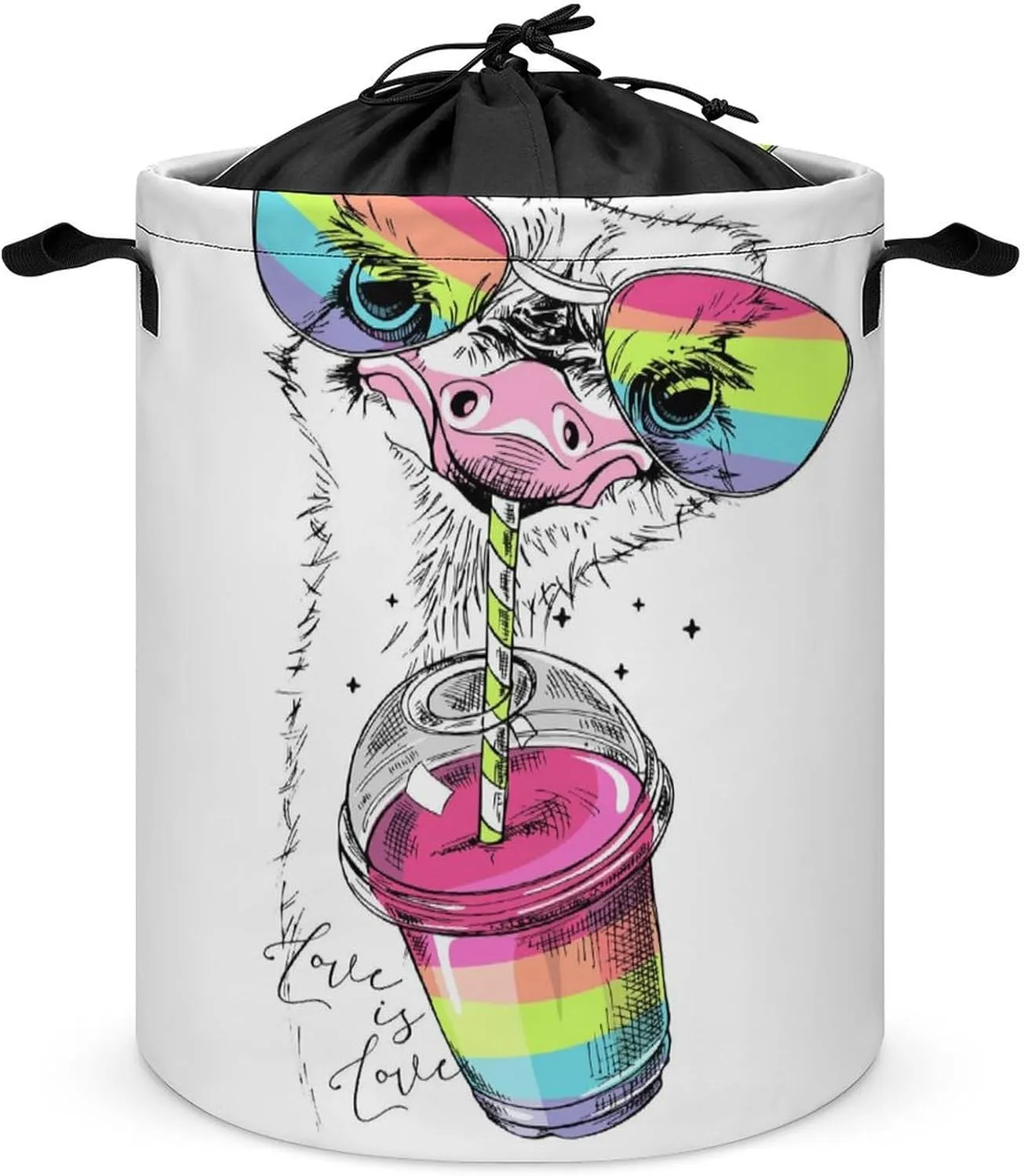 Funny Ostrich Rainbow Glasses Laundry Hamper Cartoon Cute Animal Laundry Basket with Drawstring Collapsible for Boys Girls Bedroom Bathroom Toys Oganizer