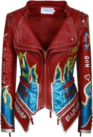 FUYUAN Women's fashion studs perfectly shaped artificial leather jacket graffiti punk motorcycle jacket