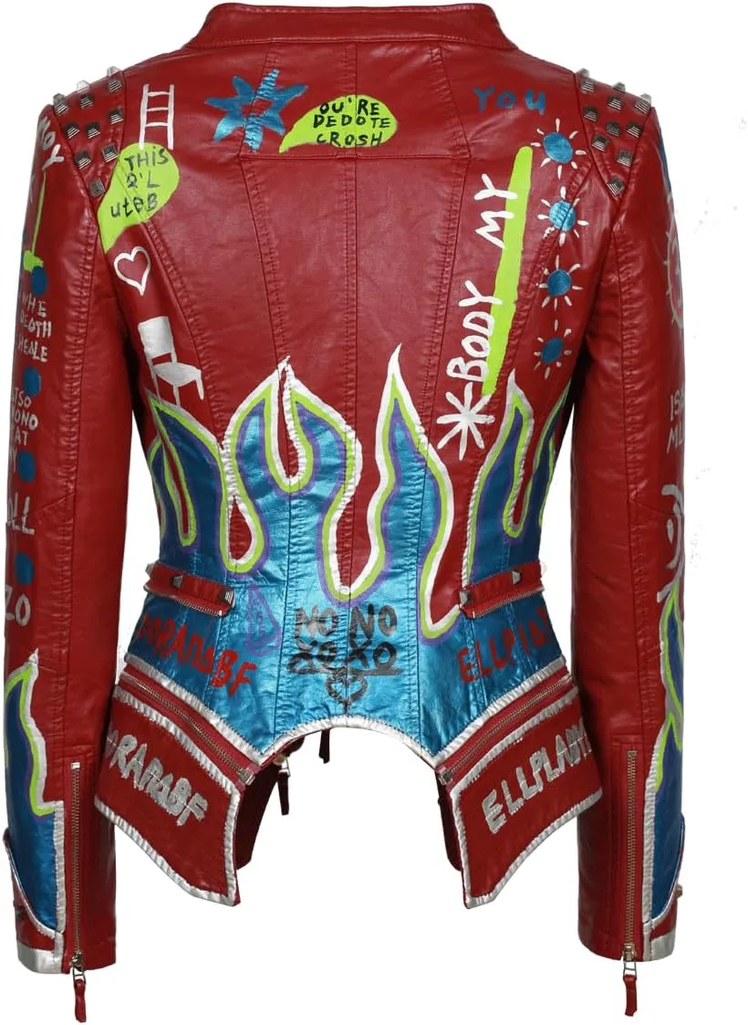 FUYUAN Women's fashion studs perfectly shaped artificial leather jacket graffiti punk motorcycle jacket