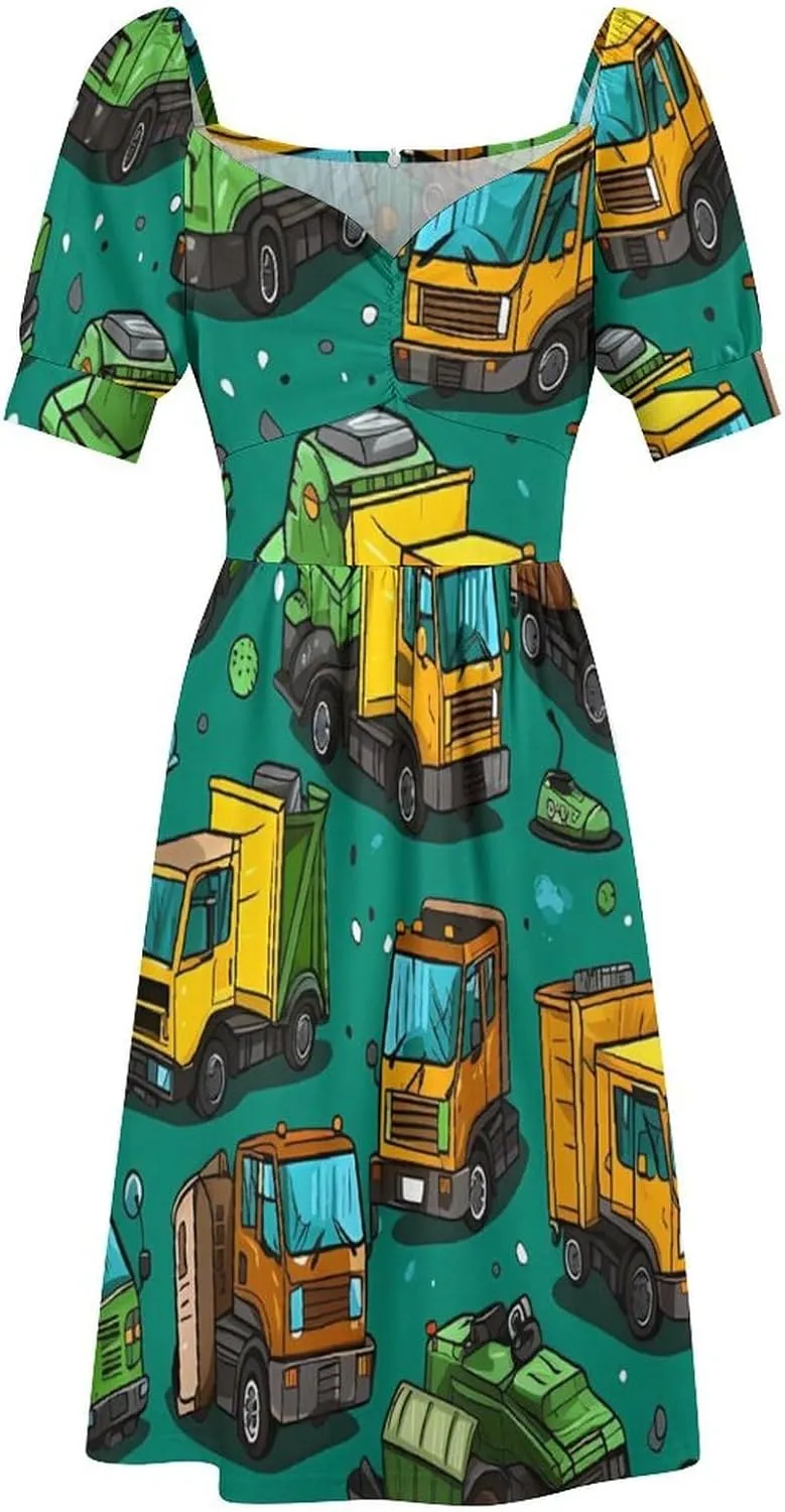 Garbage Truck Busy Day Women's Casual Short Sleeve Swing Dress Summer Beach Mini Sundress