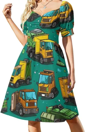 Garbage Truck Busy Day Women's Casual Short Sleeve Swing Dress Summer Beach Mini Sundress