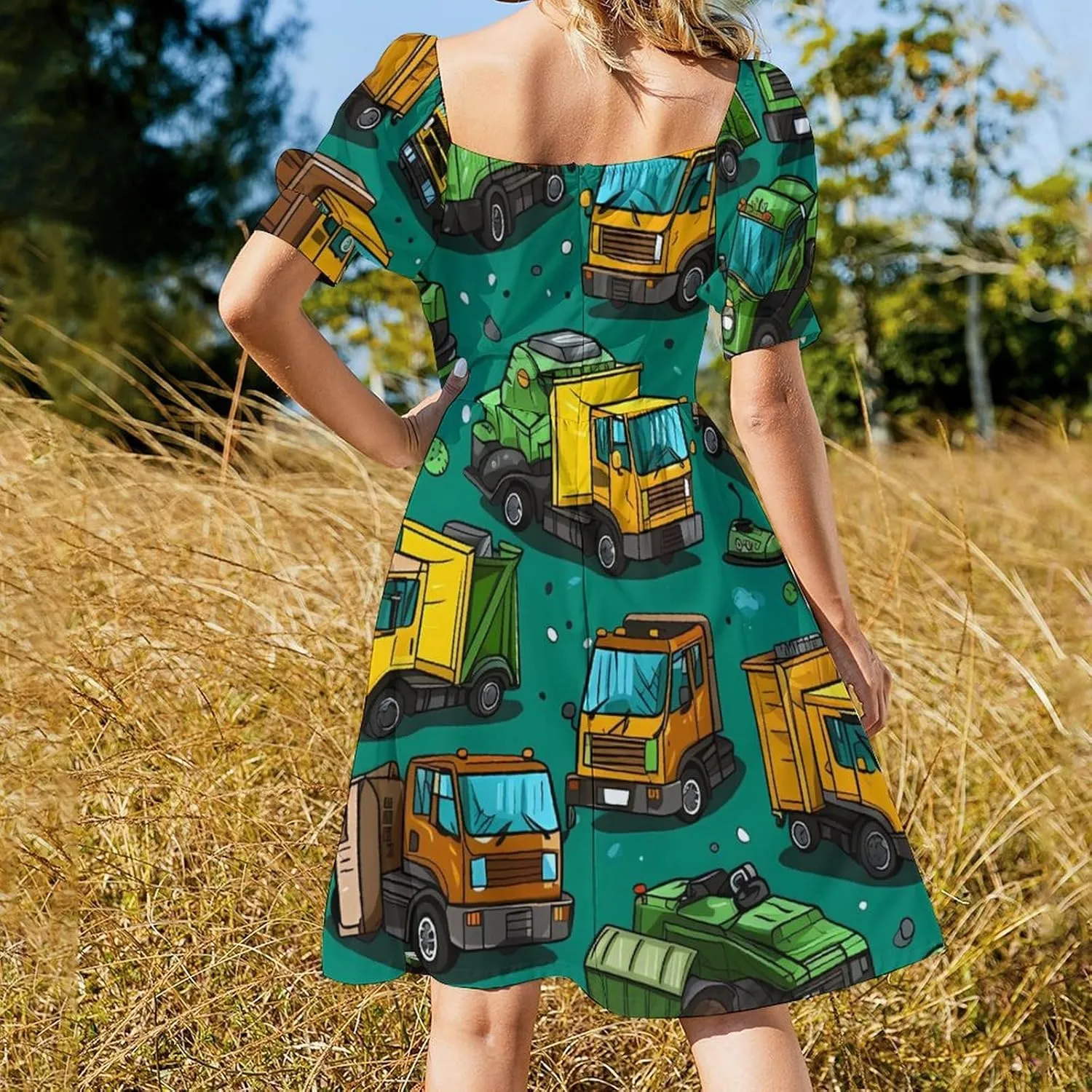 Garbage Truck Busy Day Women's Casual Short Sleeve Swing Dress Summer Beach Mini Sundress