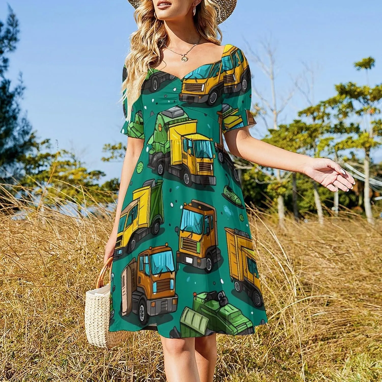 Garbage Truck Busy Day Women's Casual Short Sleeve Swing Dress Summer Beach Mini Sundress