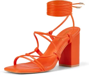 GENSHUO Women's Strappy Chunky Heels Sandals, Lace Up Square Open Toe Ankle Wrap Block Heeled Homecoming Wedding Dress Shoes