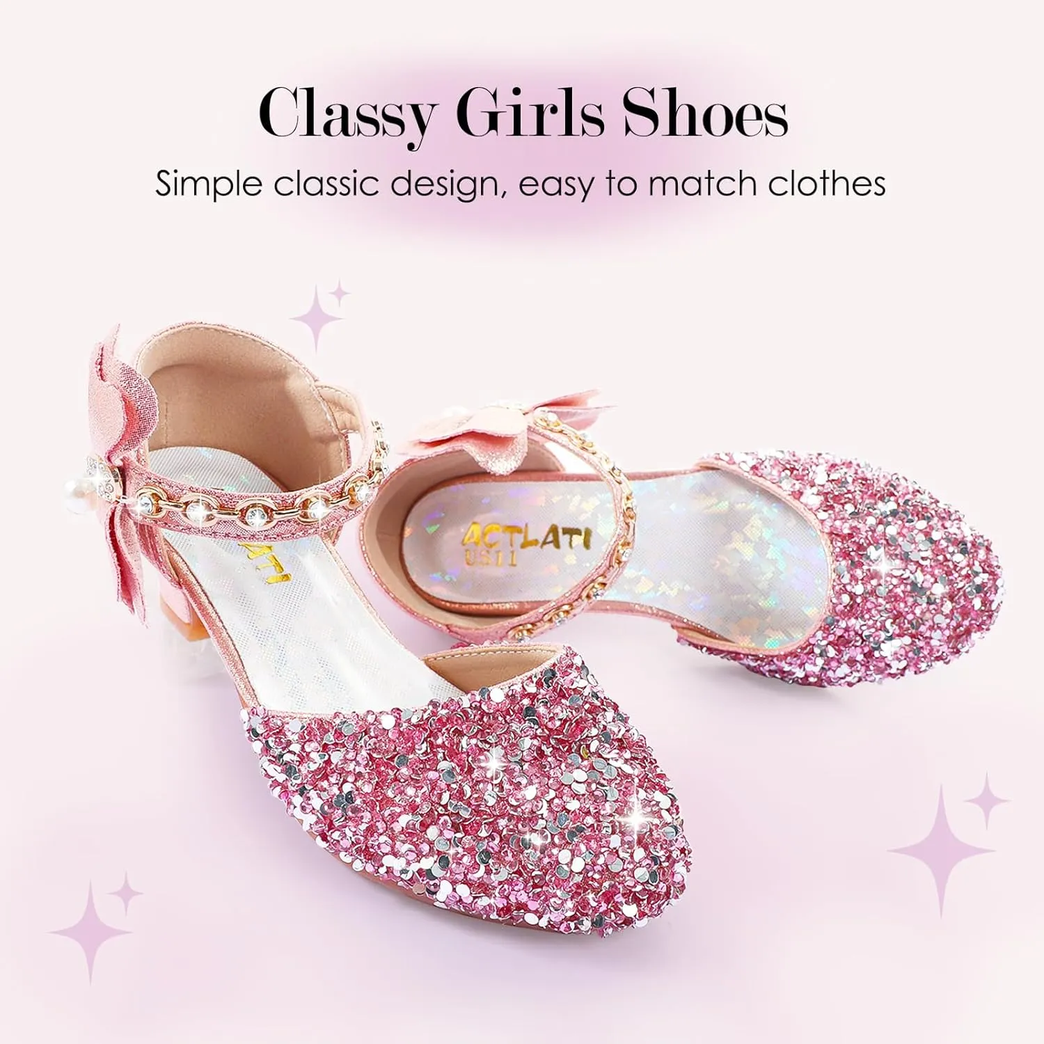 Girls Dress Pumps Glitter Sequins Princess Crystal High Heels Closed Toe Party Wedding Flower Girls Shoes (Little/Big Kid)