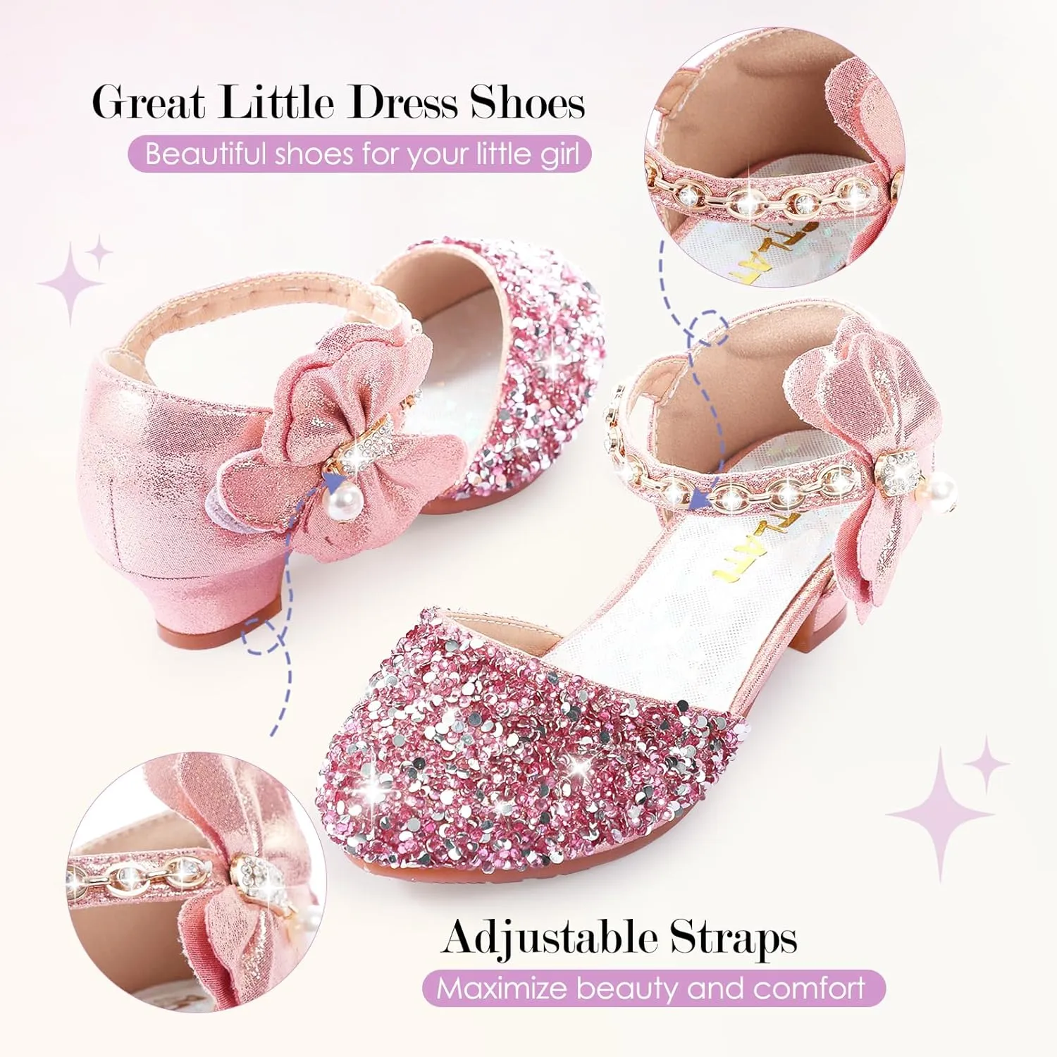Girls Dress Pumps Glitter Sequins Princess Crystal High Heels Closed Toe Party Wedding Flower Girls Shoes (Little/Big Kid)