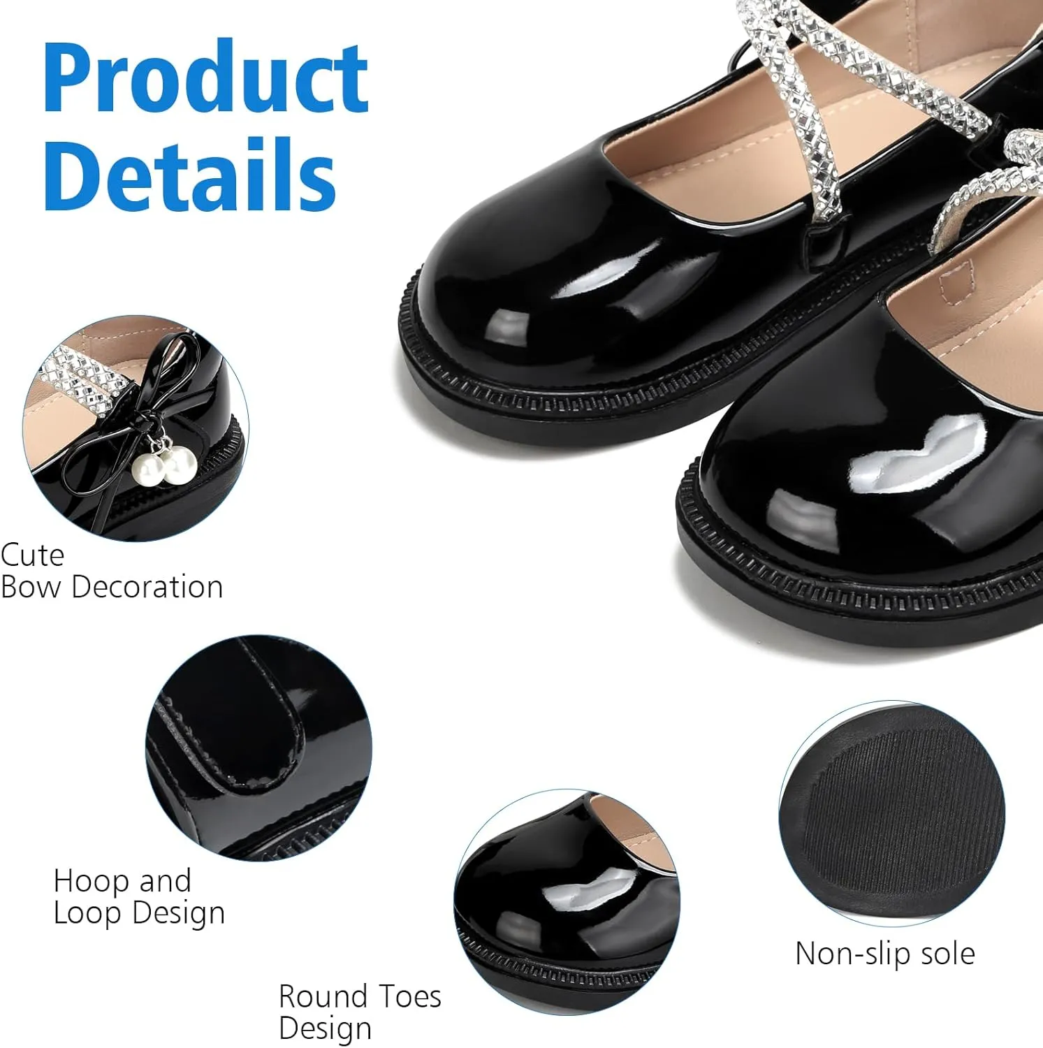 Girls Dress Shoes Mary Jane Princess Shoes Girls' Flats Glitter Low Heels Flower Wedding Party Footwear for Toddler Little/Big Kid