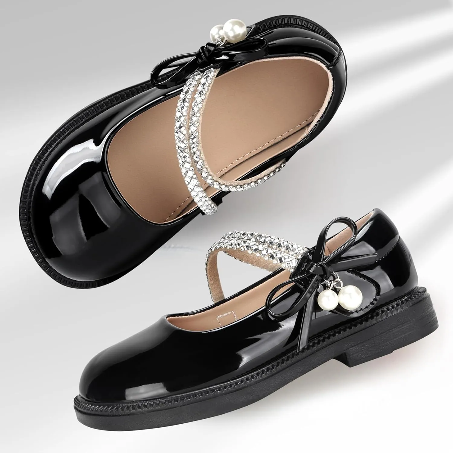Girls Dress Shoes Mary Jane Princess Shoes Girls' Flats Glitter Low Heels Flower Wedding Party Footwear for Toddler Little/Big Kid