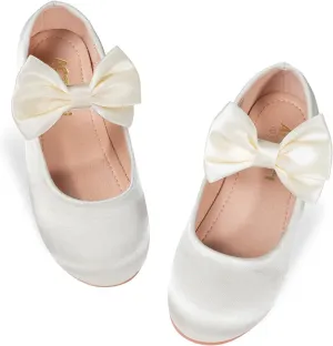 Girls' Mary Jane Ballet Flats - Bow & Velcro Strap Princess Shoes for Wedding, Party, School | Comfortable Non-Slip Satin Dress Shoes
