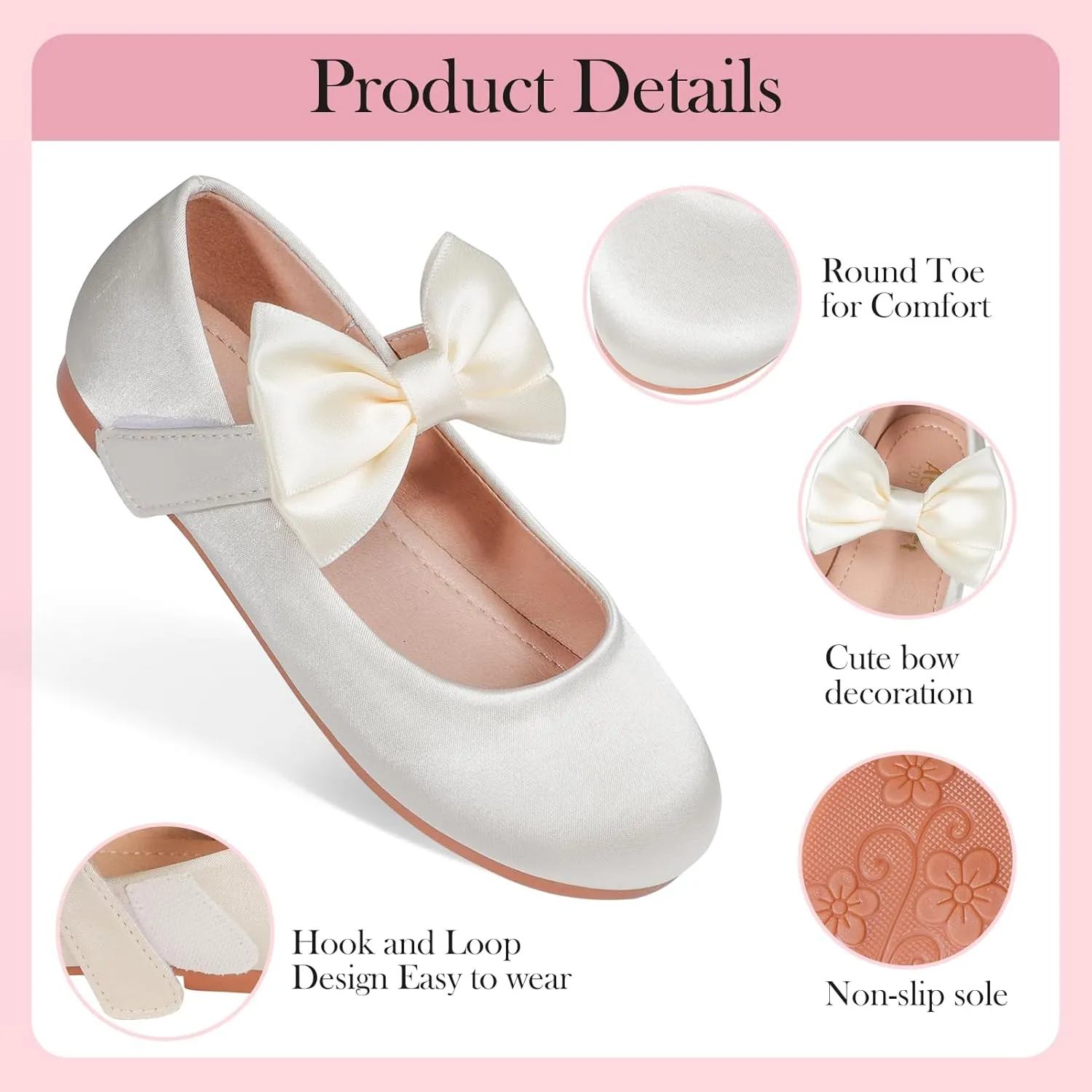 Girls' Mary Jane Ballet Flats - Bow & Velcro Strap Princess Shoes for Wedding, Party, School | Comfortable Non-Slip Satin Dress Shoes