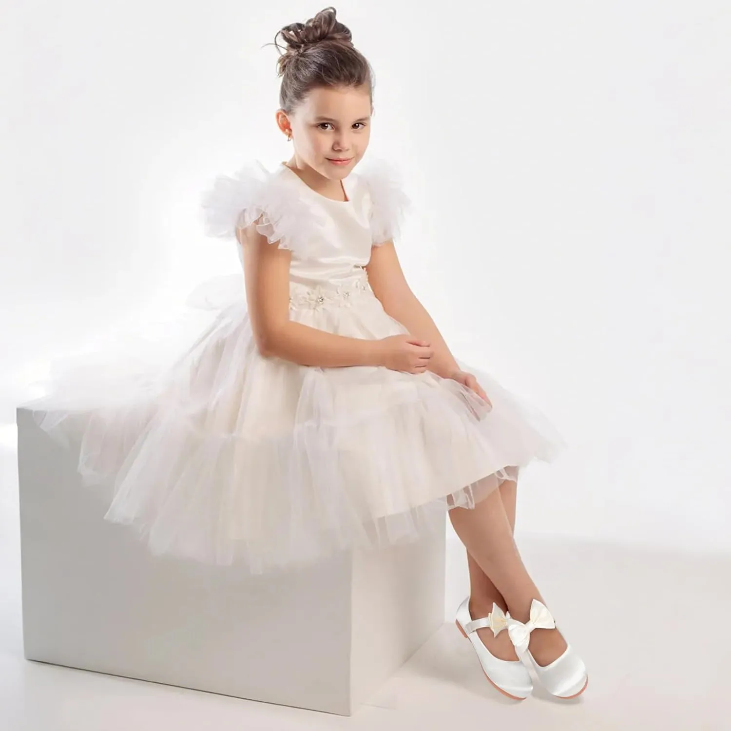 Girls' Mary Jane Ballet Flats - Bow & Velcro Strap Princess Shoes for Wedding, Party, School | Comfortable Non-Slip Satin Dress Shoes