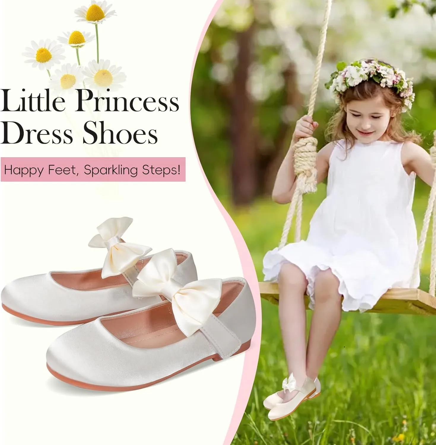 Girls' Mary Jane Ballet Flats - Bow & Velcro Strap Princess Shoes for Wedding, Party, School | Comfortable Non-Slip Satin Dress Shoes